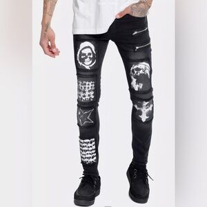Hot Topic Mens Black Skull Patch Zipper Embellished Stinger Jeans Tag Sze 30×32